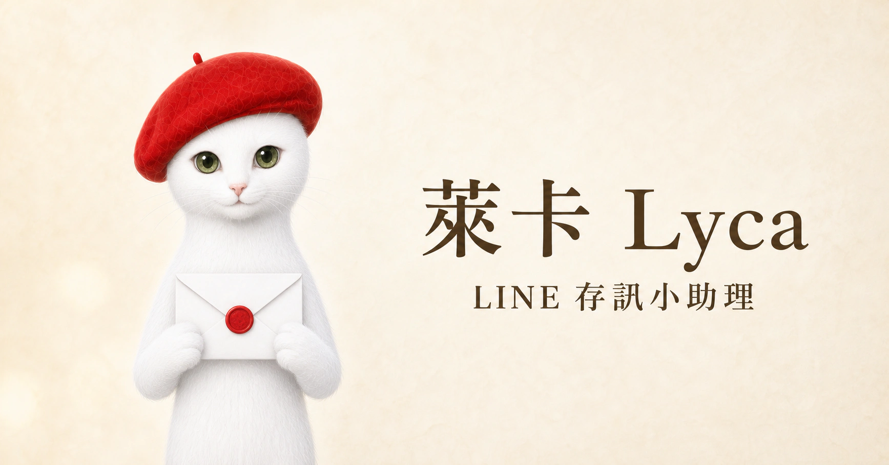 萊卡 Lyca，戴紅色貝雷帽、手捧紅色封蠟信封的白貓 LINE 存訊小助理