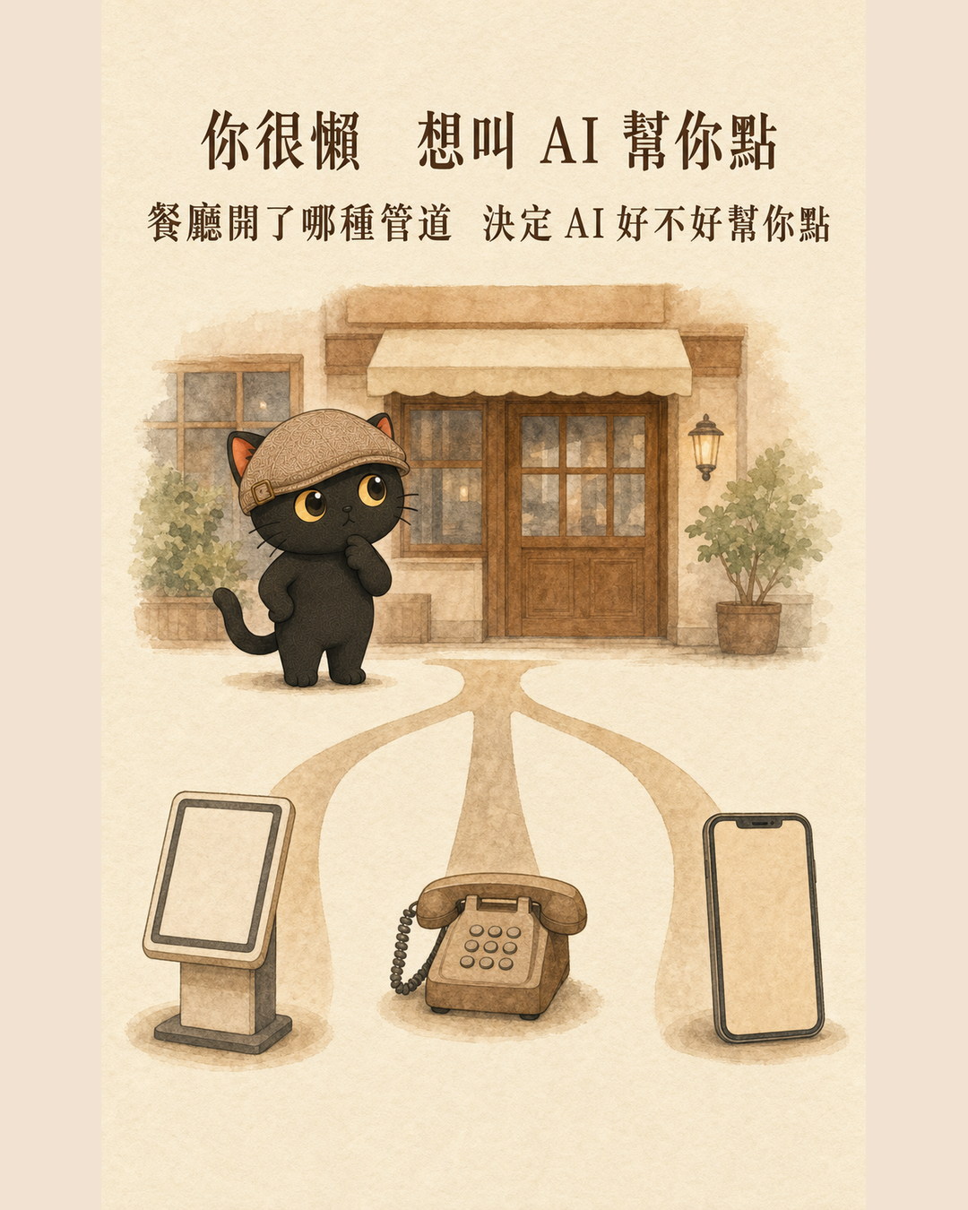 咪卡站在餐廳前，面前分岔出觸控點餐機、電話、手機 App 三條路