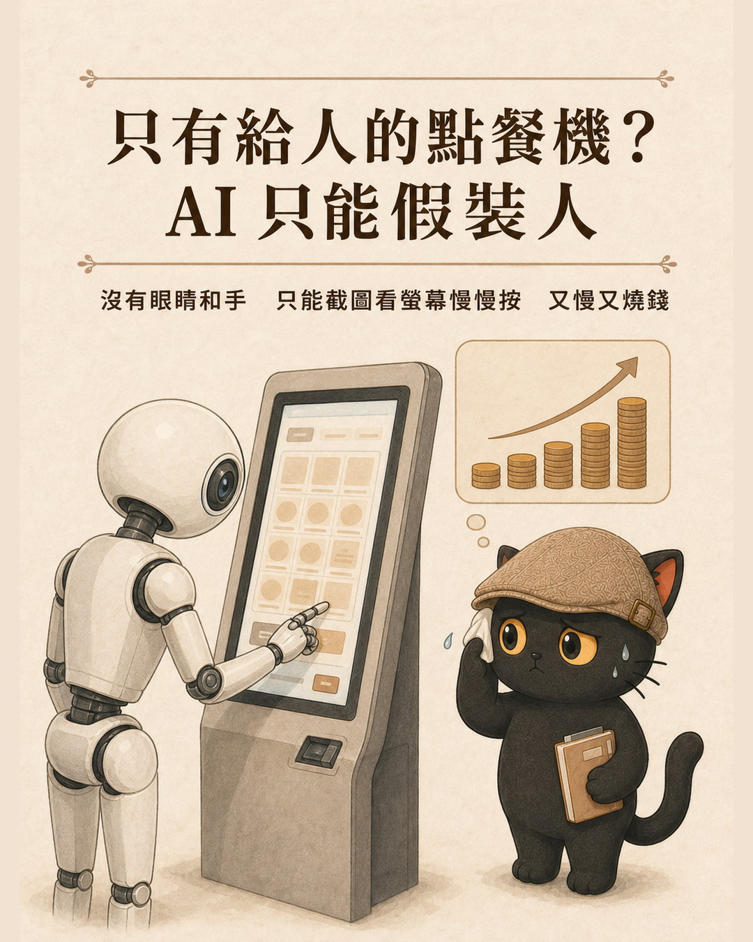 機器人站在觸控點餐機前用手指按螢幕，旁邊咪卡擦汗，上方是不斷往上疊的金幣圖表