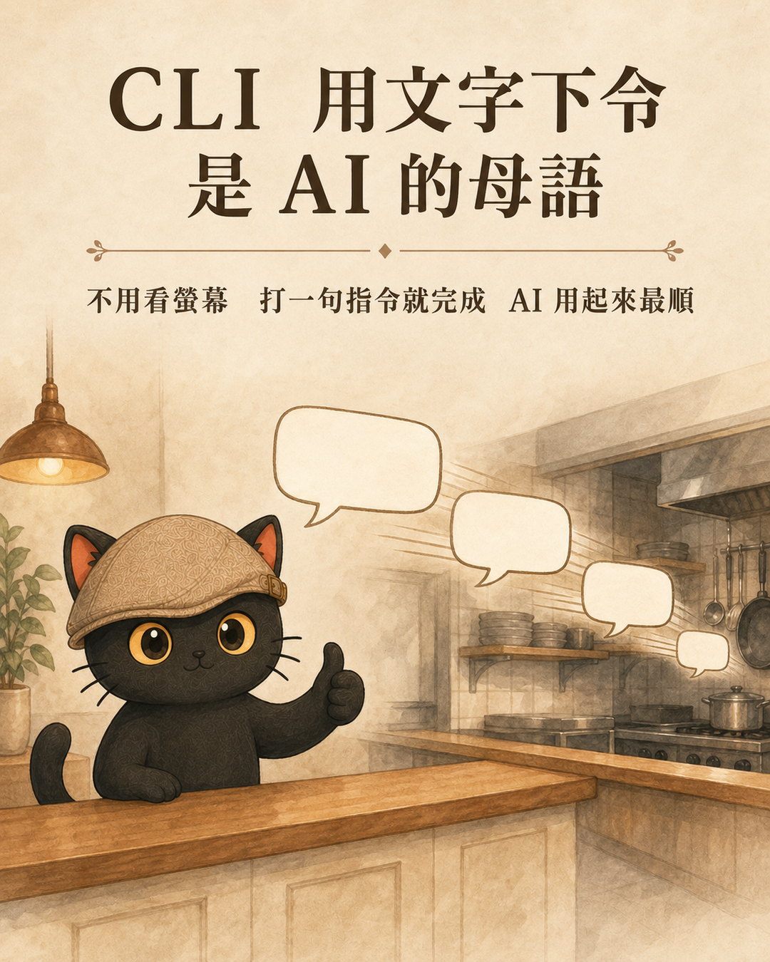 咪卡趴在櫃檯上比讚，旁邊一連串文字對話框直接飛進後方廚房