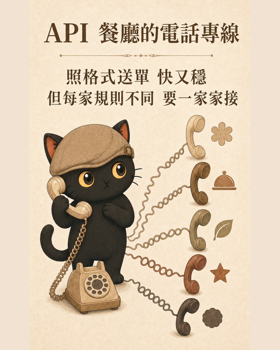 咪卡拿著話筒，身上牽出五條電話線各自連到不同符號的餐廳