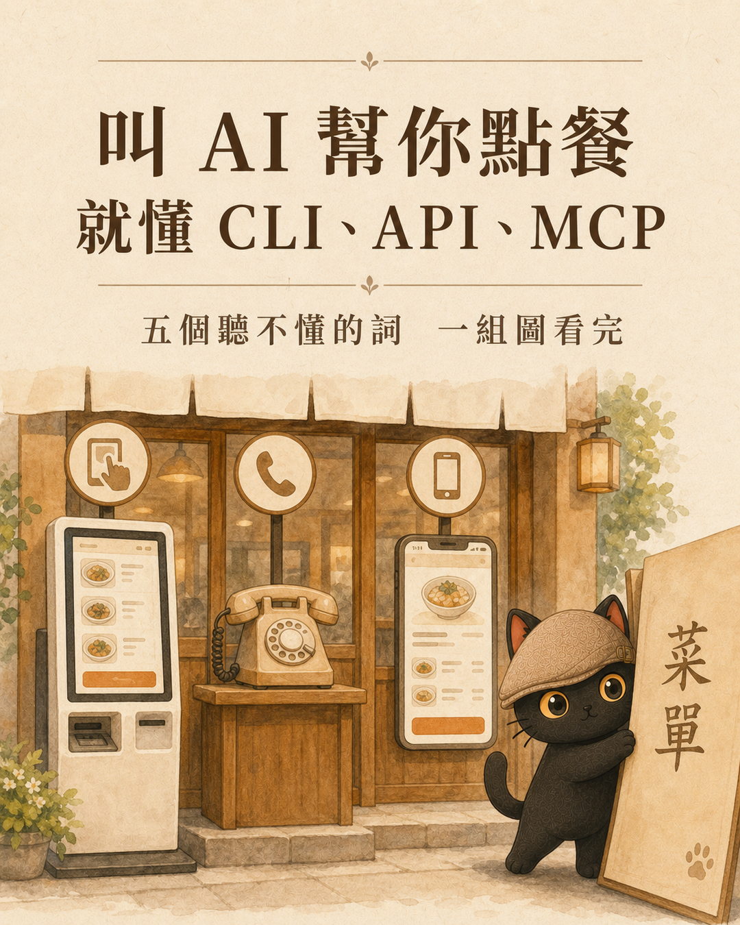 咪卡站在餐廳門口，門面上並列觸控點餐機、電話、手機 App 三種點餐管道的招牌