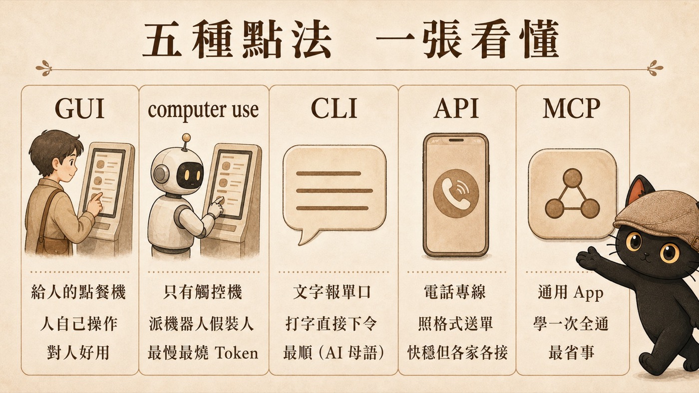 五種點餐管道一頁對照表：GUI、computer use、CLI、API、MCP 各自的餐廳畫面與 AI 接手方式