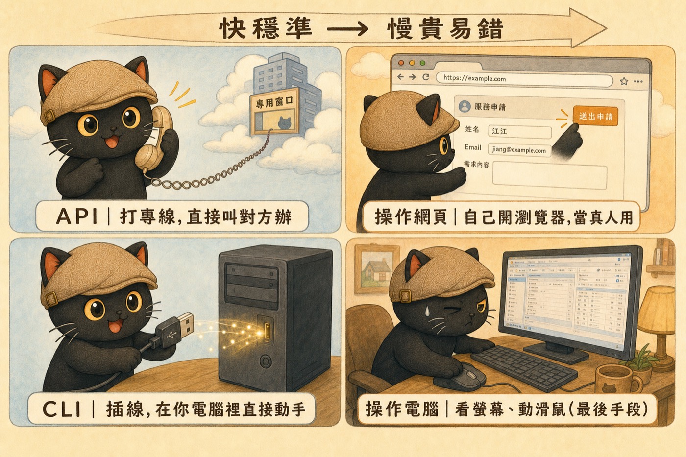 咪卡示範四種接法對照：API 打專線、CLI 插線、操作網頁、操作電腦，從快穩準到慢貴易錯