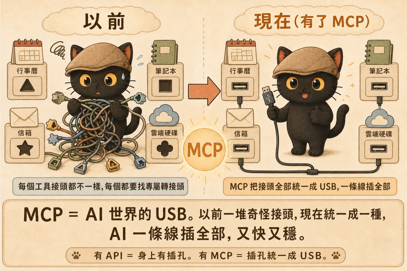 MCP 像 AI 世界的 USB，把原本五花八門的工具接頭統一成同一種規格，AI 一條線就能接