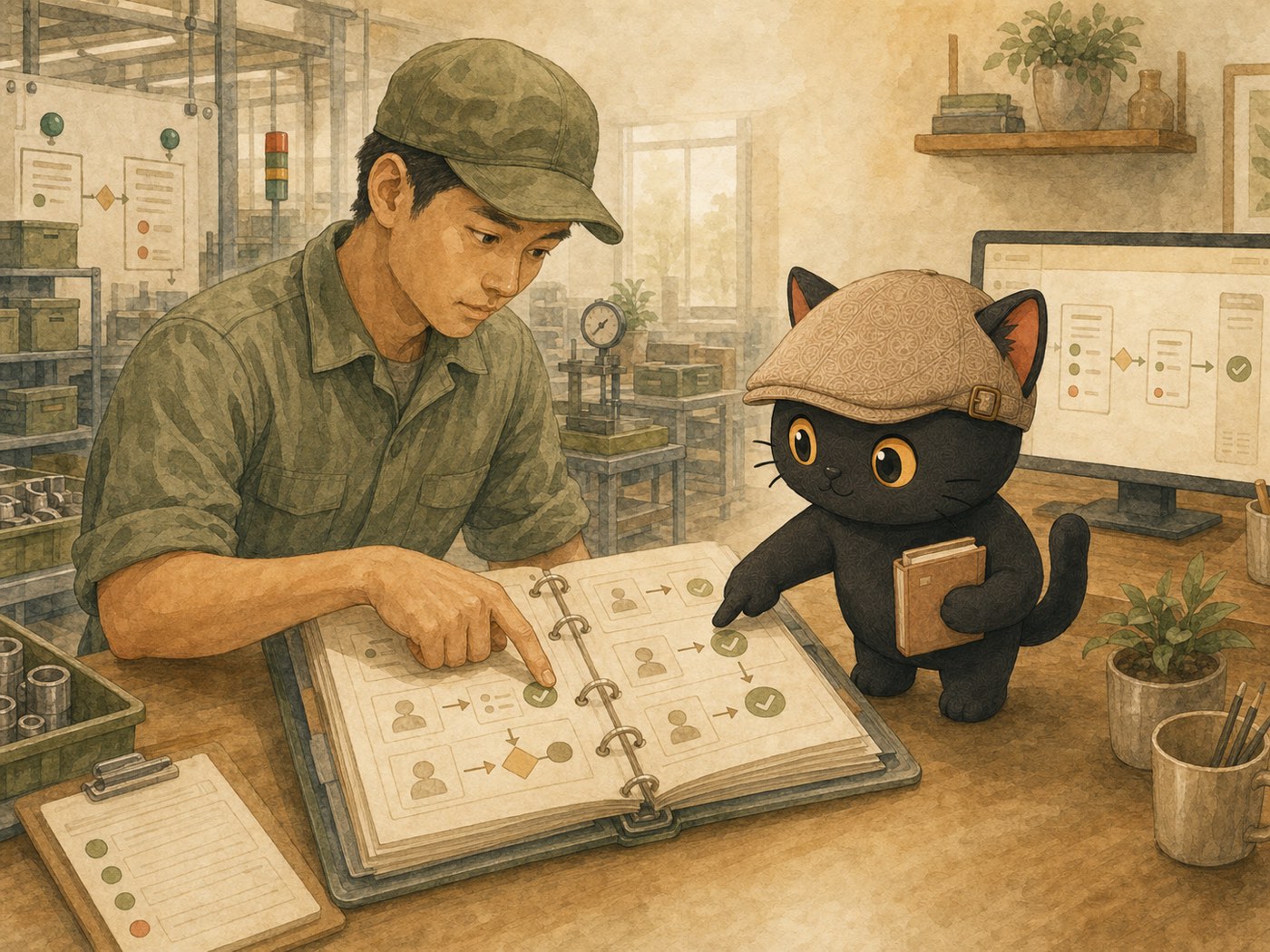 人類新進員工與 AI 夥伴看著同一本標準作業書