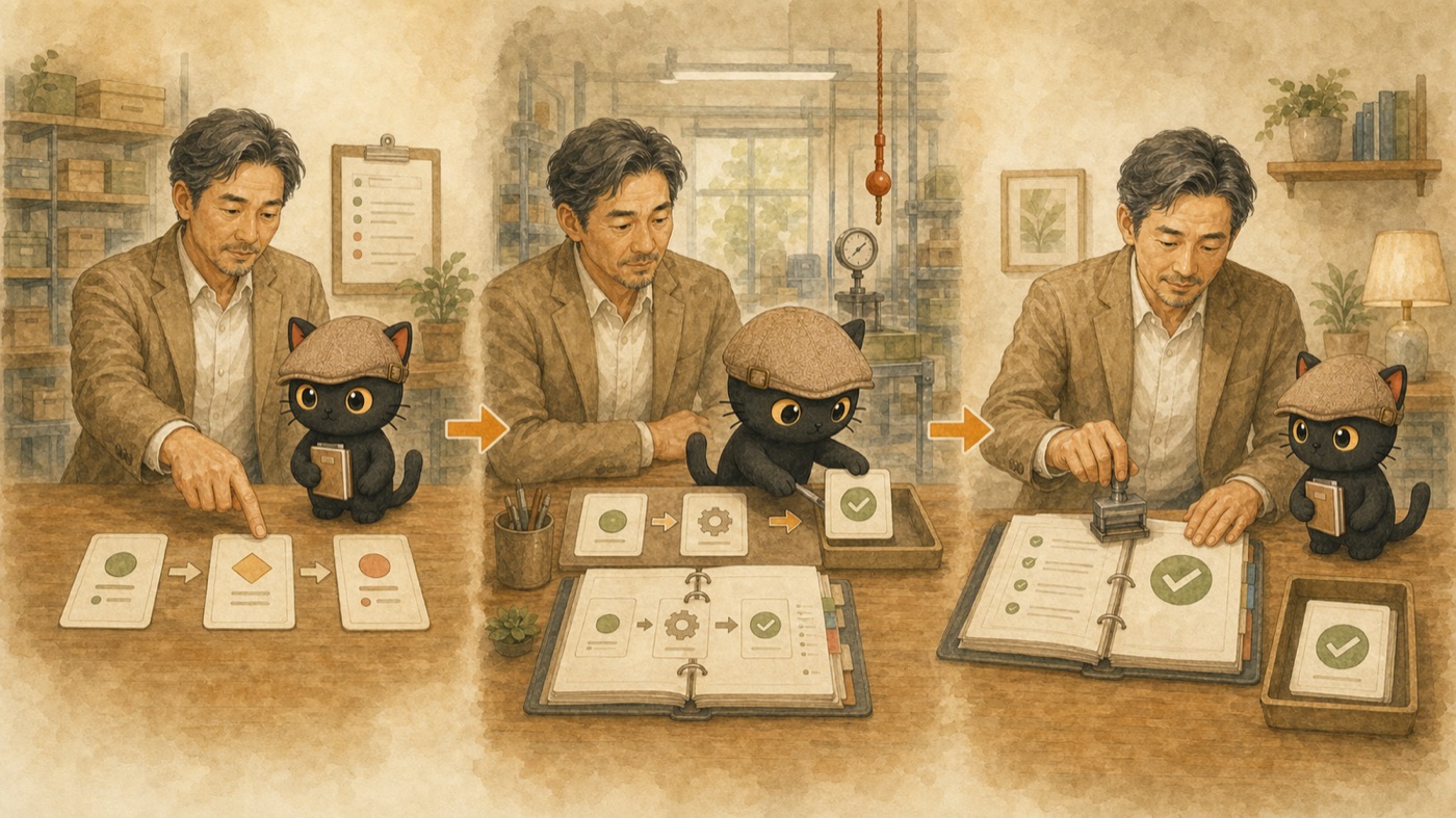 三格插畫：人挑流程、AI 執行、人核對蓋章