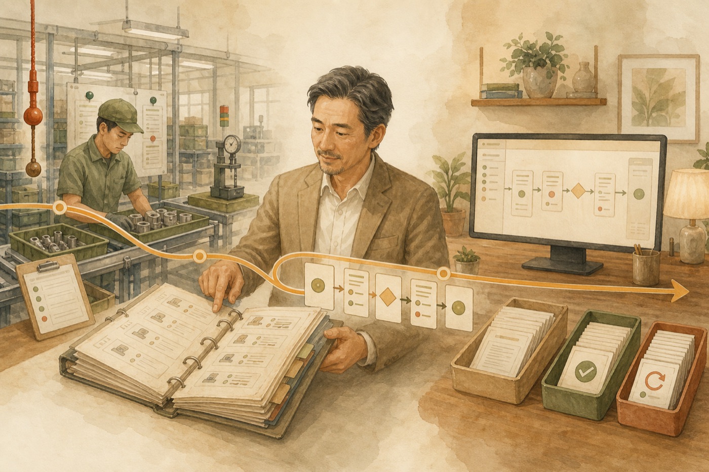 管理者翻著標準作業書，一條流程線從工廠產線穿過本子，流向辦公室裡的 AI 螢幕