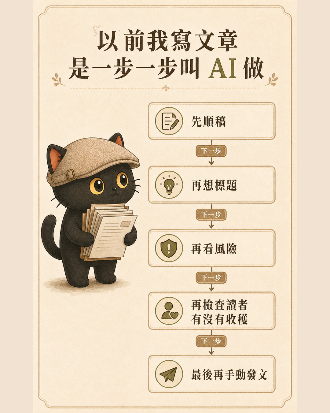 以前我寫文章是一步一步叫 AI 做：先順稿、再想標題、再看風險、再檢查讀者有沒有收穫、最後再手動發文
