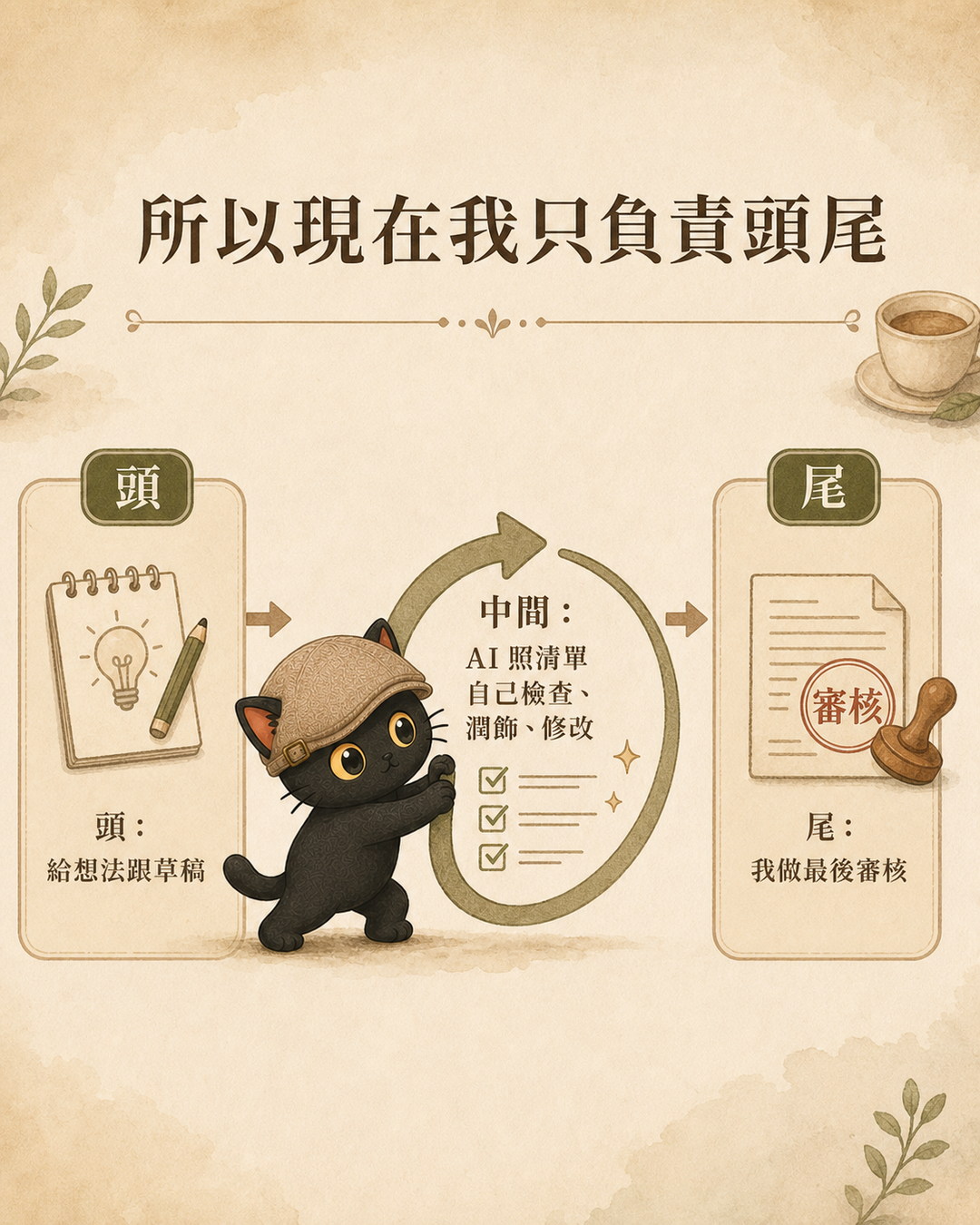 現在我只負責頭尾：頭是給想法跟草稿，中間是 AI 照清單自己檢查潤飾修改，尾是我做最後審核