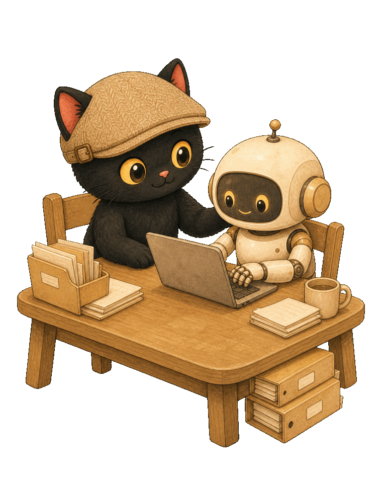 Mika sitting next to a little robot working at a computer, coaching it warmly