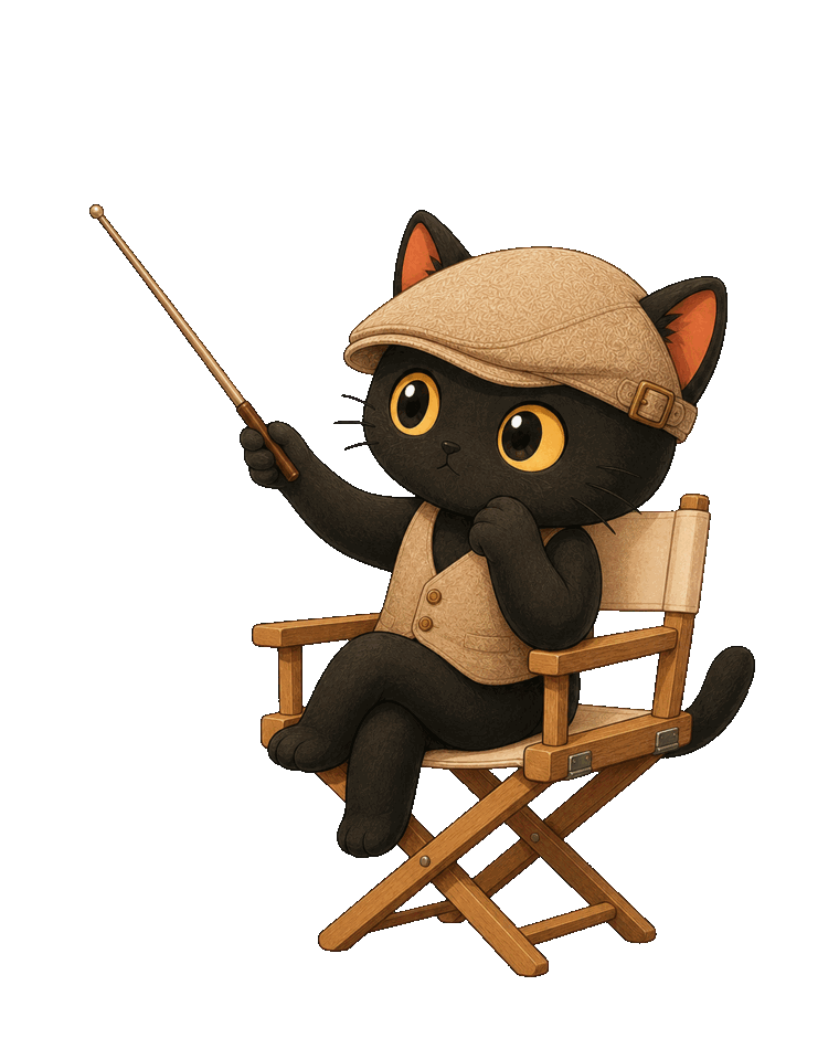 Mika acting as director, pointing at the three pillars cards