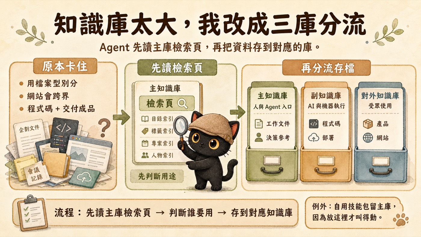 知識庫太大,我改成三庫分流:原本卡住、先讀檢索頁、再分流存檔三段流程圖